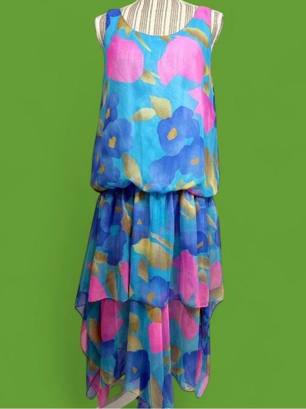 Stunning vintage flowy Blue and Pink Asymmetrical layered High-Low Sundress